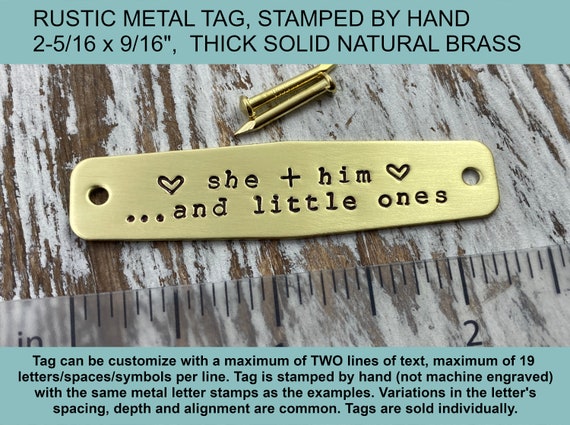 Personalized Custom Text Metal Tag, Rustic Stamped by Hand Solid Brass Tag, Pet Memorial Metal Plate, Picture Frame Tag, Gold Tone Metal Tag