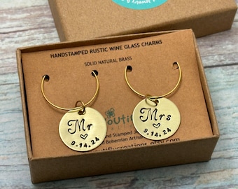 SET of TWO Mr & Mrs Charms for Wine Glasses or Champagne Flutes, Personalized Hand Stamped Wedding Glass Markers, Solid Natural Brass Discs