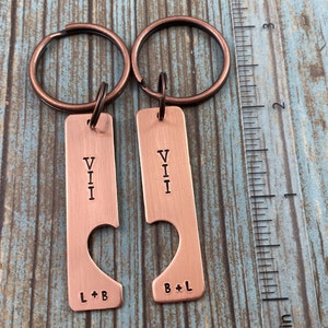 SET OF TWO Personalized Copper Bar Keychains, Rustic Hand Stamped Copper Keychain, Couple Initials Heart Keychain, Seventh Anniversary Gift