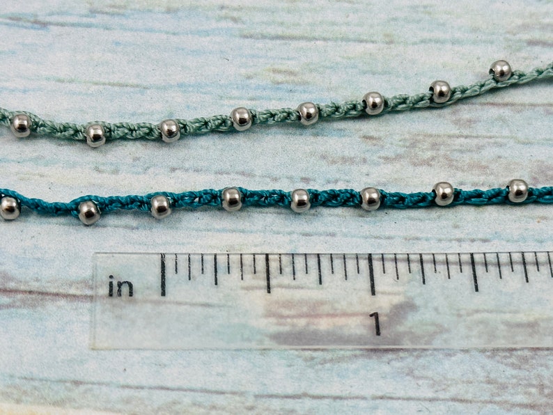 Knotted Thread Beaded Bracelet OR Crocheted Beaded Necklace, Crocheted Beaded Nylon String Bracelet, Stainless Beads, Choose Color & Length image 2