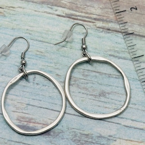 Rustic Organic Shape Hoop Earrings, Silver tone Hammered Hoop Earrings, Hypoallergenic Stainless Steel or Titanium Ear Wire Hook