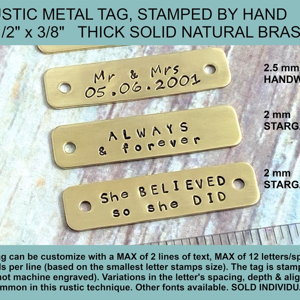 Personalized Custom Text Metal Tag, Rustic Stamped by Hand Solid Natural BRASS Tag, Gold Tone Metal Label, Tag for Picture Frame, Name Plate