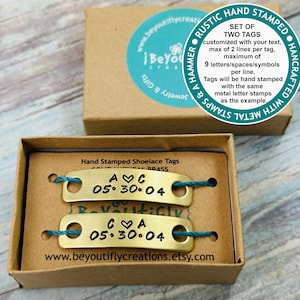 SET OF TWO Wedding Shoelace Tags, Couple Initials & Date Shoelace Tags, Rustic Hand Stamped Brass Shoelace Tags, Gold Tone Shoelace Tags