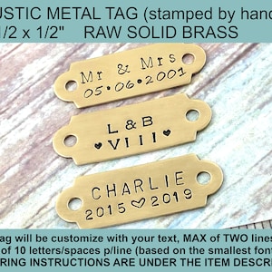 Small Personalized Metal Tag, Rustic Hand Stamped Brass Tag, Pet Memorial Metal Plate, Mr and Mrs Plate, Picture Frame Tag, Branding Label