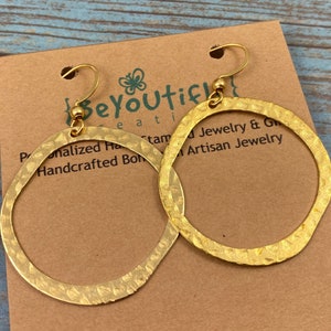 Large Hoop Earrings Gold Tone Brass, Rustic Hammered Circle Earrings, Boho Gold Tone Hoop Earrings, Gold Plated Stainless Steel Ear Wires