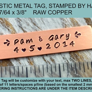 Small Personalized Custom Text Metal Tag, Rustic Hand Stamped Solid Copper Tag