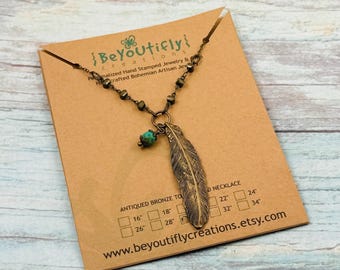 Boho Feather Pendant Necklace | Antique Bronze Plated, Teal Czech Glass Bead