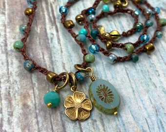 Bohemian Beaded Necklace, Flower Child Hippie Chic Necklace, Czech Glass Beads Crocheted Necklace, Indie Boho Necklace, Blue Teal Summer