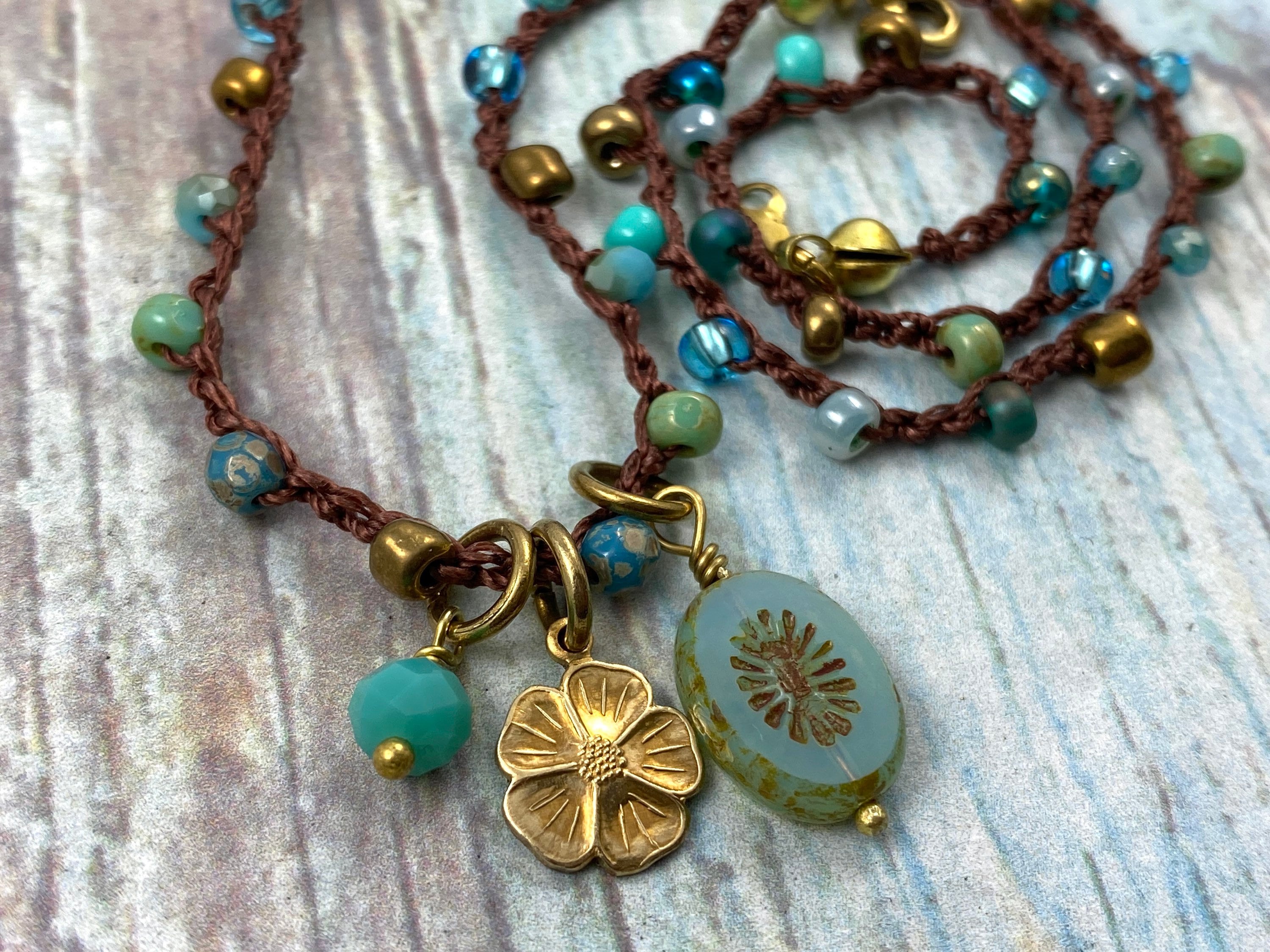 Bohemian Beaded Necklace, Flower Child Hippie Chic Necklace, Czech Glass  Beads Crocheted Necklace, Indie Boho Necklace, Blue Teal Summer