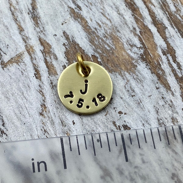 ONE Small Personalized Disc Pendant, Initial and Date Disc Charm, Rustic Hand Stamped Initial Disc Charm, Solid Raw Brass, SOLD INDIVIDUALLY