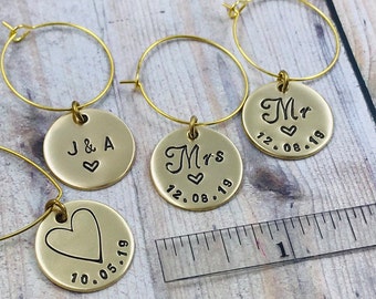 SET of FOUR Wedding Glass Charms, Mr & Mrs Glass Charms, Couple Initials Glass Charms, Personalized Hand Stamped Wedding Date Glass Charm