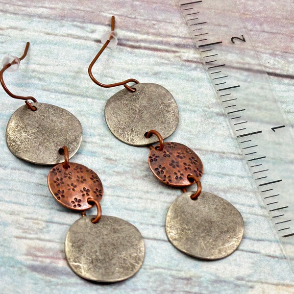 Mixed Metals Domed Discs Earrings, Antiqued Plated Coppertone and Silvertone Three Discs Earrings, Boho Earrings, Lightweight Long Earrings
