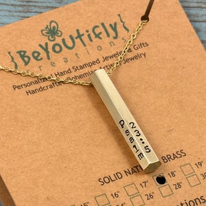 Six Sided Bar Personalized Family Necklace, Six Names Vertical Bar Necklace, Gift for Mother of Six, Rustic Hand Stamped Solid Raw BRASS