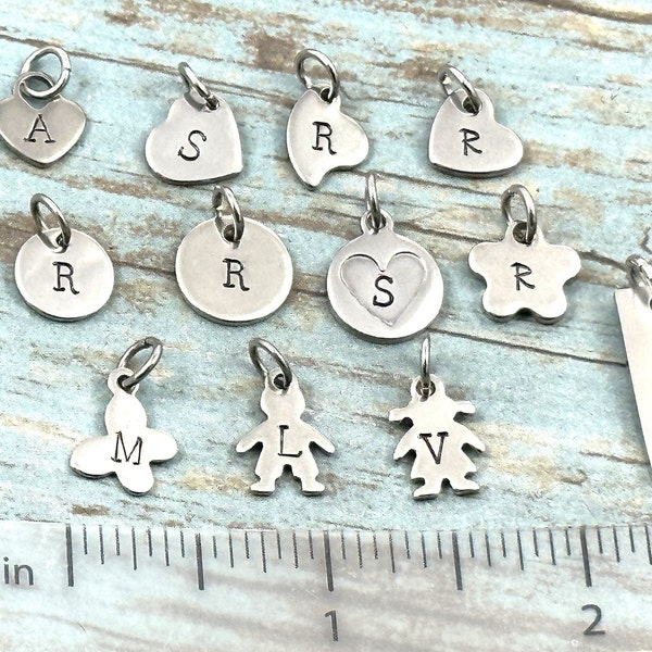 ONE Personalized Initial Pendant, Hand Stamped Initial Pendant, Initial Disc Charm, Initial Heart Charm, Initial Bar, Non Tarnish Stainless