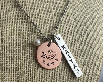 Personalized Mom Necklace, Mermaid Mama Necklace, New Mom Necklace, Children Names Necklace, Mother's Day Gift, Hand Stamped Mixed Metals