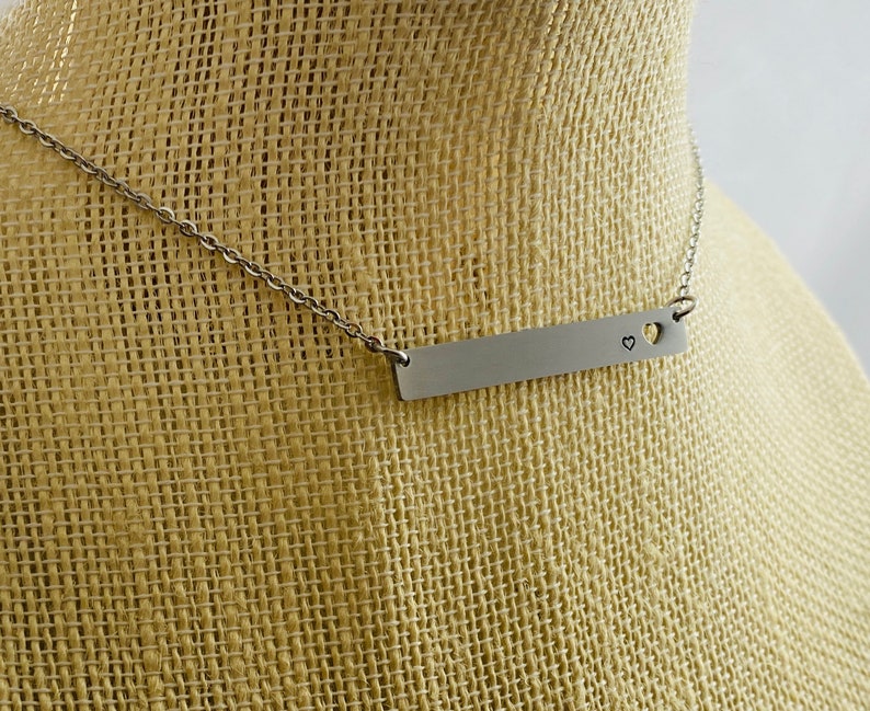 Non Tarnish Necklace Personalized Bar Necklace with Heart Punch Stainless Steel Name Plate Necklace Hand Stamped Horizontal Bar Necklace