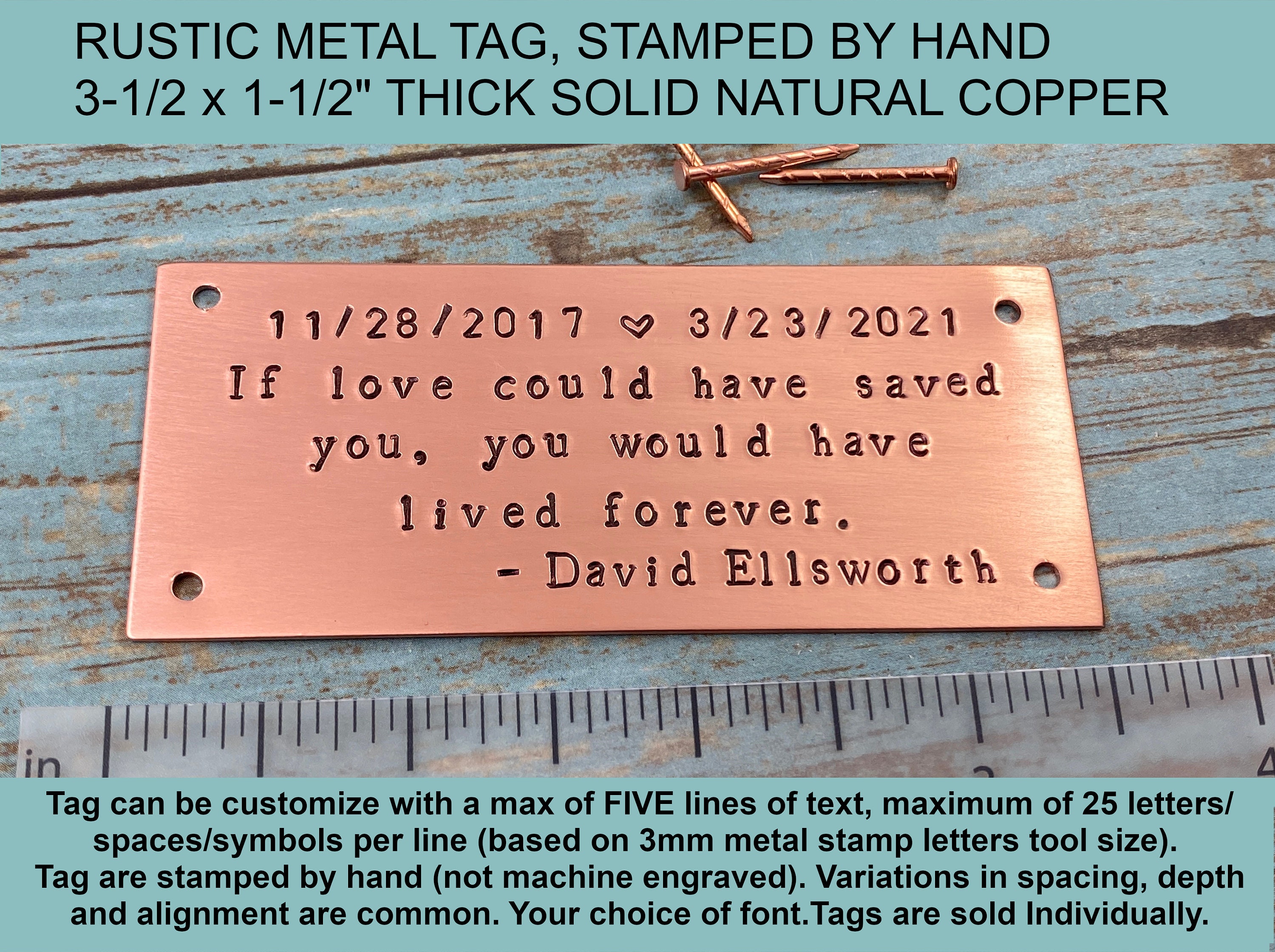Personalized Custom Text Metal Tag, Rustic Hand Stamped Copper Metal Tag, Seventh Wedding Anniversary, Memorial Plate for Pet Cremation Box