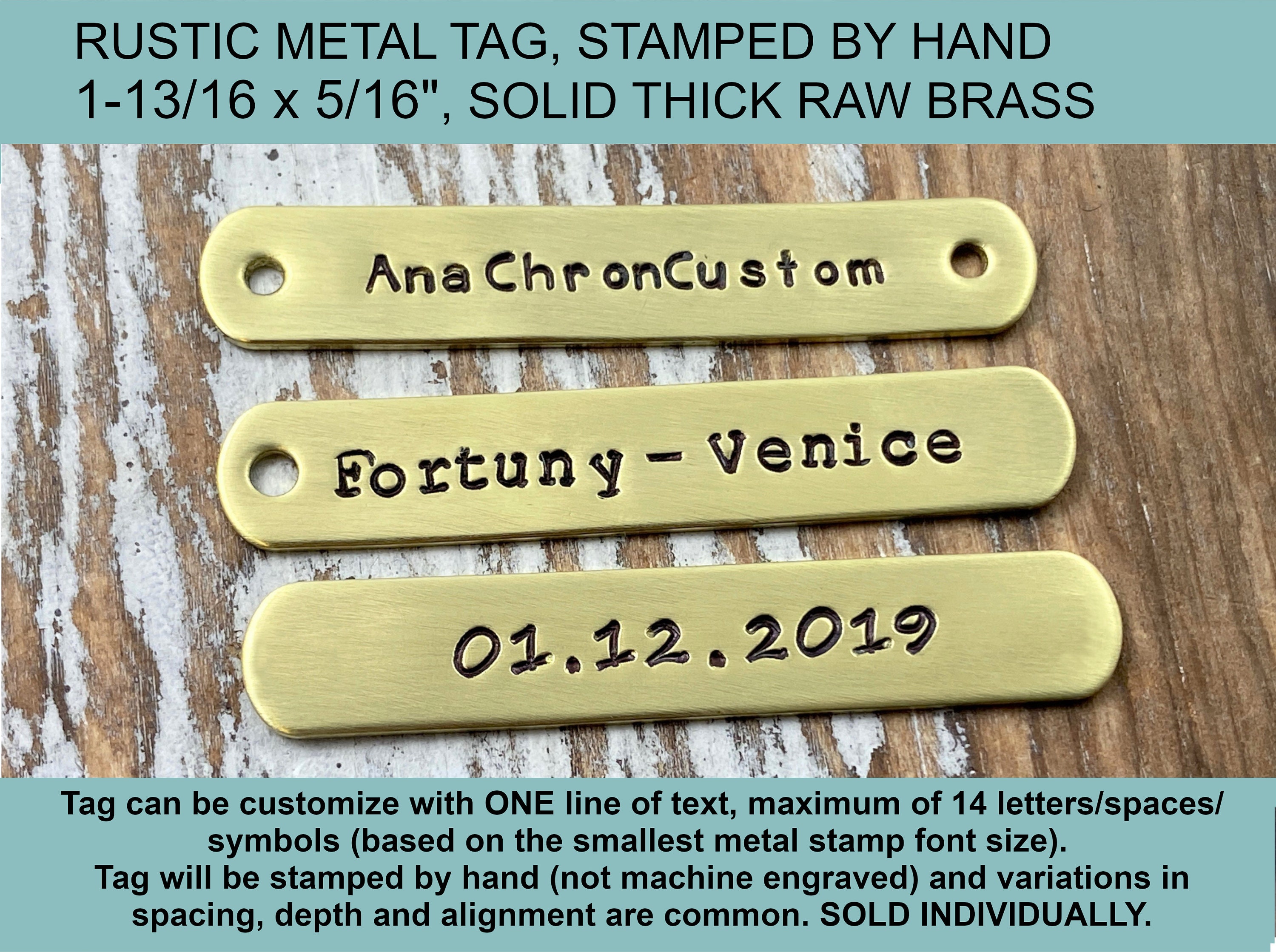 ONE Small Rustic Personalized Brass Tag, Hand Stamped Golden Tag, Sew…