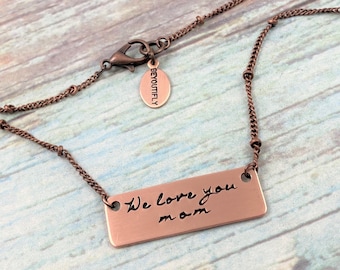 We Love You Mom Necklace, Mother's Day Gift from Children, Mama Necklace, Gift for Mom, Hand Stamped Copper Horizontal Bar Necklace, Grandma