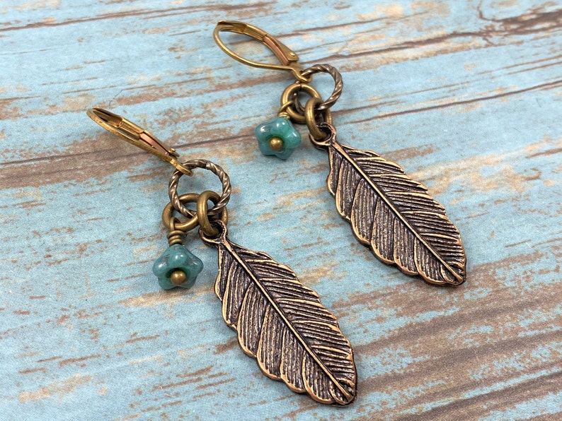 Antique Bronze Plated Leaf Earrings Bohemian Leaf Earrings Statement Earrings Festival Indie Earrings Czech Glass Flower Dangle Earrings