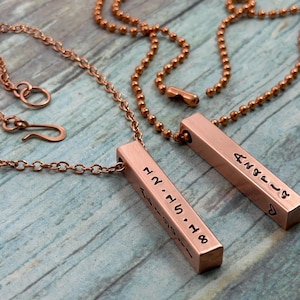 ONE Custom 4-Sided Bar Necklace, Personalized Vertical Solid Copper Necklace, Rustic Hand Stamped, 7th Anniversary Gift