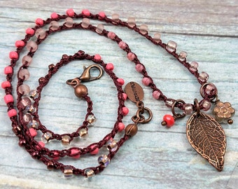 Flower Child Bohemian Beaded Necklace OR Bohemian Beaded 3x Wrap Bracelet, Antiqued Copper Leaf Charm, Boho Beaded Crocheted Necklace, Coral