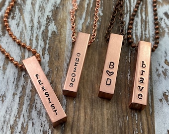 Four Sided Vertical Bar Necklace, Hand Stamped Four Sides Bar Necklace, Four Names Bar Necklace, Copper Bar Necklace, 7th Anniversary Copper