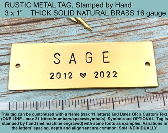 Personalized Metal Tag for Pet Cremation Box, Rustic Hand Stamped SOLID BRASS Tag, Pet Name Plate for Picture Frame, Pet Memorial Keepsake