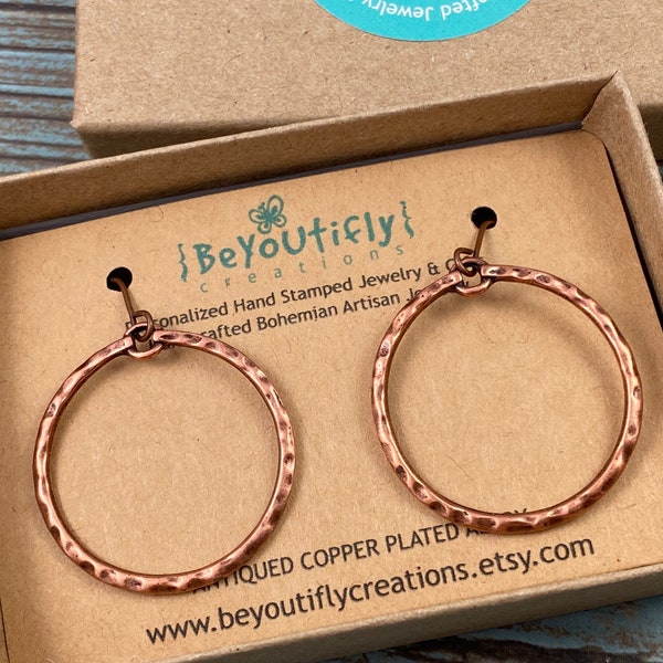 Boho Hoop Earrings Antiqued Copper Plated, Rustic Hammered Antiqued Copper Hoop Earrings, Copper Hoop Earrings, Stainless Steel Ear Wires