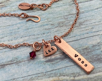 Personalized Family Necklace, One Child Name Mom Necklace, Couple Initials Heart Charm, Seventh Anniversary, Edge-Hammered Copper Necklace