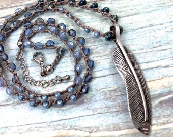 Bohemian Beaded Necklace,  Bohemian Beaded 3x Wrap Bracelet, Detachable Leaf Pendant, Boho Hippie Beaded Crocheted Necklace, Denim Blue