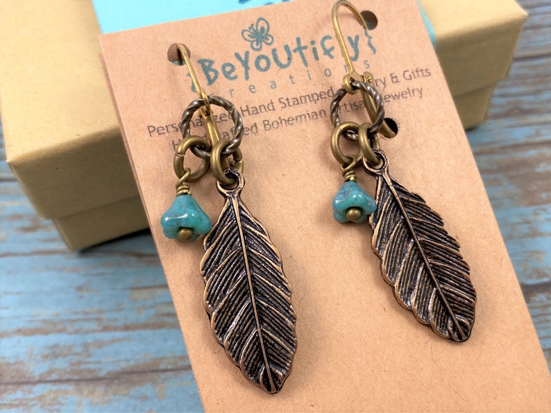 Antique Bronze Plated Leaf Earrings Bohemian Leaf Earrings Statement Earrings Festival Indie Earrings Czech Glass Flower Dangle Earrings