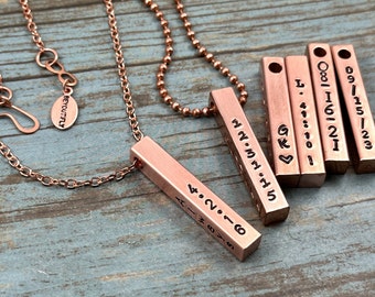 ONE Copper Vertical Bar Necklace, Four Sides Bar Necklace, Four Names Bar Necklace, Hand Stamped Copper Bar Necklace, 7th Anniversary Copper