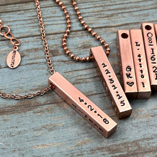 ONE Copper Vertical Bar Necklace, Four Sides Bar Necklace, Four Names Bar Necklace, Hand Stamped Copper Bar Necklace, 7th Anniversary Copper