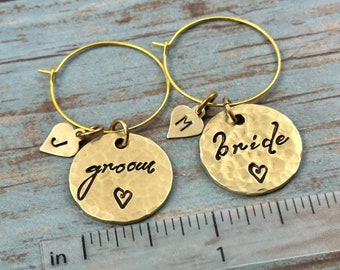 SET OF TWO Wedding Glass Charms, Bride and Groom Glass Charms, Couple Initials Glass Charms, Rustic Wedding Decor, Gold Tone Glass Charms