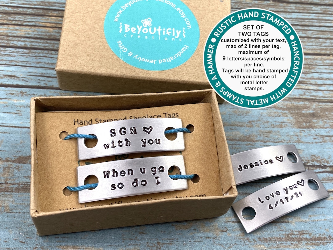 SET of TWO Personalized Shoelace Metal Tags, Rustic Hand Stamped