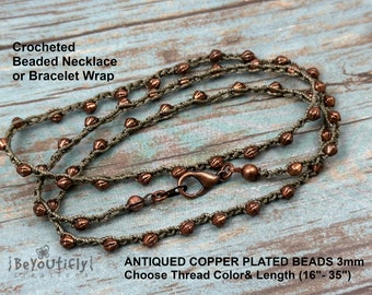 Beaded Threaded Wrap Bracelet OR Necklace, Beaded Crocheted Wrap Bracelet, Knotted Bracelet Antique Copper Plated beads, Choose Color Length