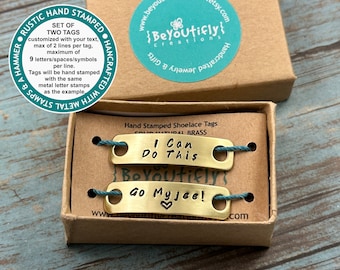SET of TWO Personalized Shoelace Tags, Rustic Hand Stamped Solid Raw Brass Shoelace Tag, Gold Tone Custom Text Shoelace Tags, Runner's Gift