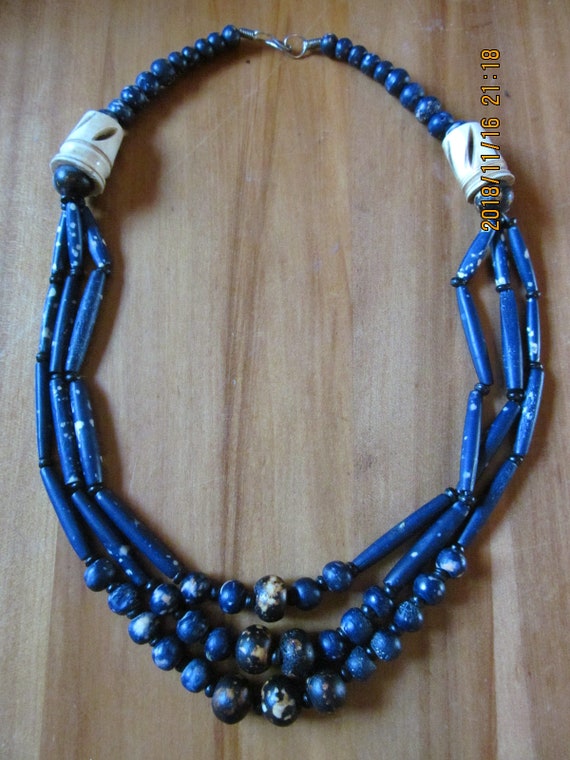 Navy blue, tan and off white porcelain beaded neck