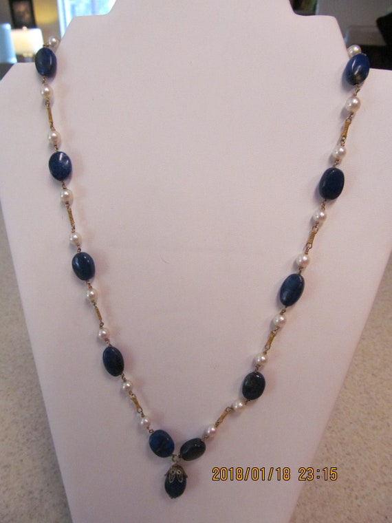 Vintage, cultured pearl, denim lapis, necklace, go