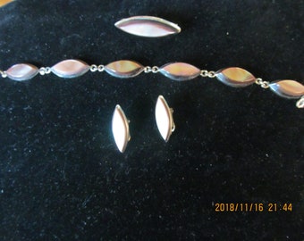 Sterling silver, mother of pearl,  bracelet ,brooch, clip earring set