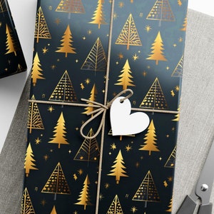 Gift Wrap Papers, Christmas Tree Gift Wrapping Sheets, Holiday Gift Wrap, Black and Gold Festive Wrapping Paper, Minimalist Tree Design,