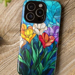 Stained Glass Colorful Floral Stained Glass Phone Case Faux Stained Glass Phone Case, Tough Cases Smartphone Protection, Spring Decor
