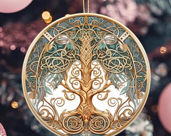 Celtic Tree of Life Ceramic Christmas Ornament: Green & Gold
