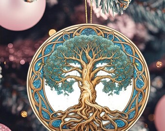 Celtic Tree of Life Ceramic Ornament: Green and Gold Holiday Decor