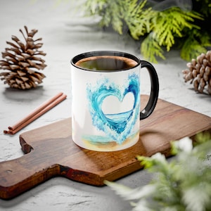 Beach Heart Waves Ceramic Mug, Ocean Splash Coffee Cup, Summer Love Tea Mug, Heart Shaped Waves Drinkware, Coastal Theme Kitchen Decor, 11oz