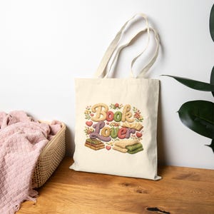 Book Lover Tote Bag  Embroidered-style design Floral Stacked Book Illustration, Gift for Mom, Gift for Friend, Teacher Gift, Christmas Gift