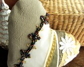 Five Christmas heart shaped ornaments, crazy quilt sewing, one of a kind, hand embroidered, beaded, trims, ribbon hangers, polyster filling,