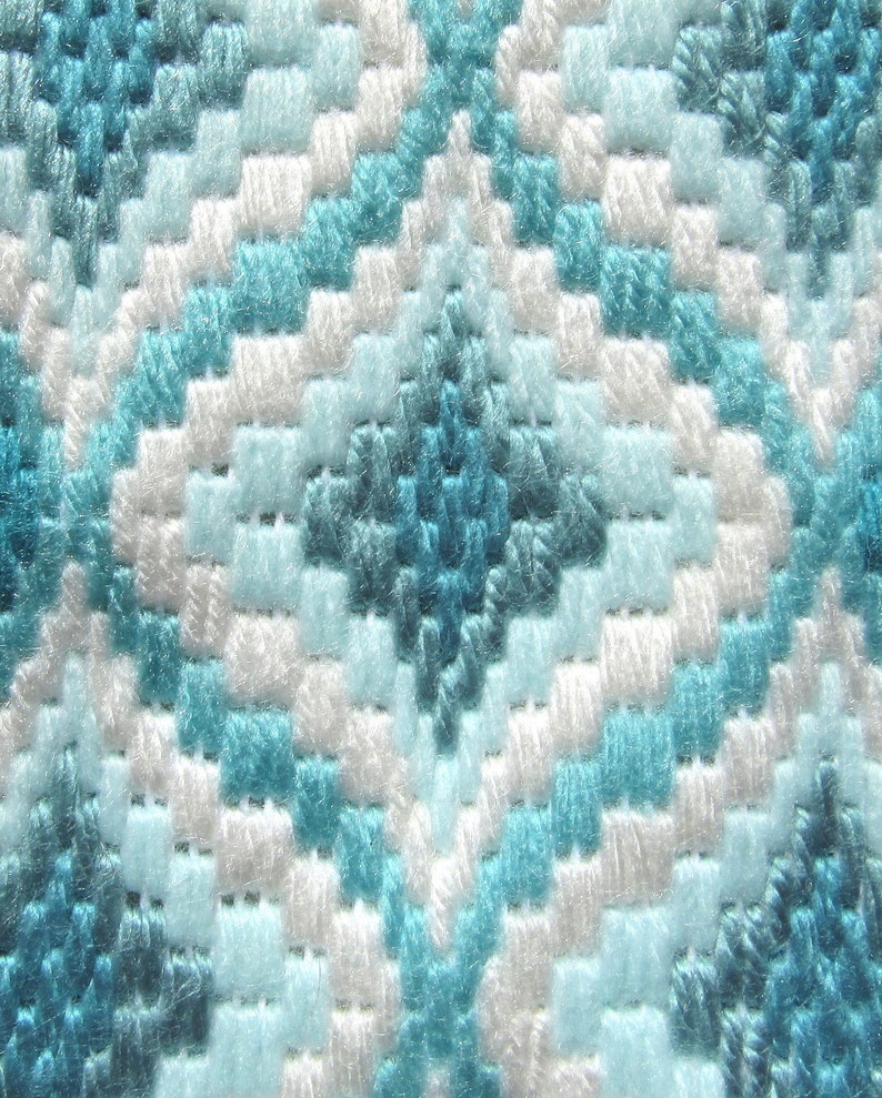 Christmas stocking needlepoint traditional bargello pattern done in teals and white The length is 15 12 and the width at top is 6 12.