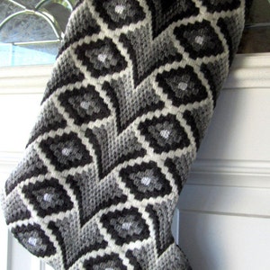 Needlepoint Christmas stocking, hand stitched bargello black, grey and white, white with silver, length  is 15 1/2 inchees width 6 3/4 inch.